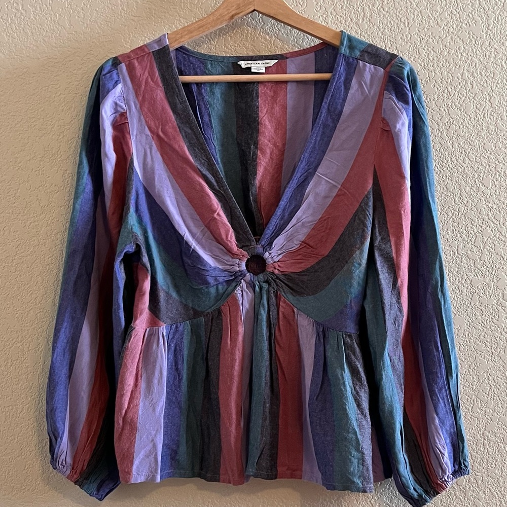American Eagle Boho Striped Smocked Back Cropped Top Size Large